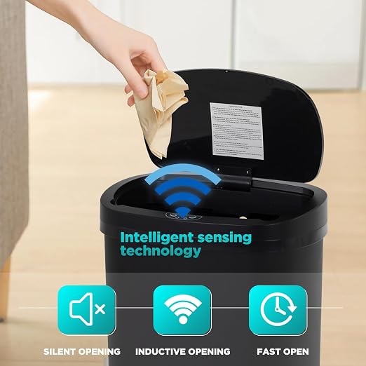 BestOffice | 13 Gallon Plastic Trash Can with Lid | Black | Automatic Touchless Garbage Can | Odor Control | Modern Oval Design | Easy to Clean | For Kitchen, Bathroom, Office or Home
