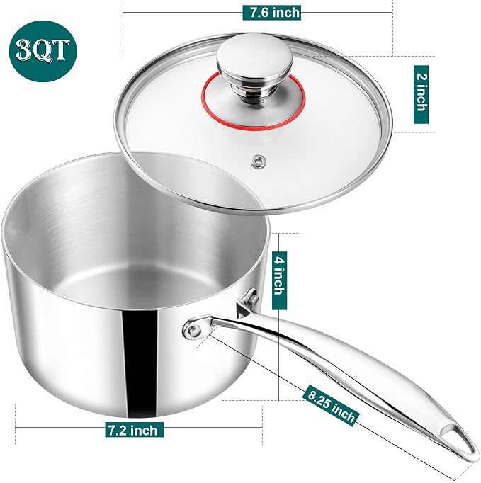 TeamFar 3qt Saucepan with Lid, Stainless Steel Tri-Ply Sauce Milk Pan | Small Cooking Pot with Ergonomic Handle, for Induction/ Gas/ Electric/ Ceramic, Healthy & Dishwasher Safe
