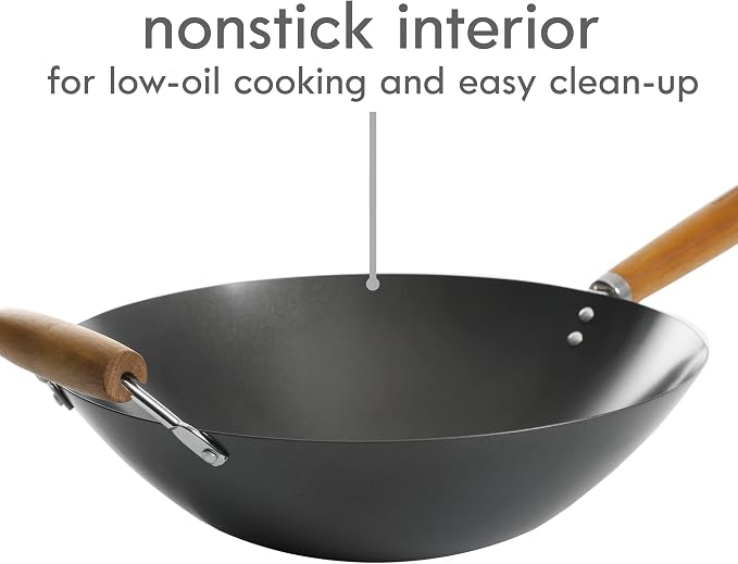 Kenmore Hammond 14-Inch Flat Bottom Carbon Steel Wok, Black, Durable Non-Stick Stir Fry Pan for Gas and Electric Stovetops