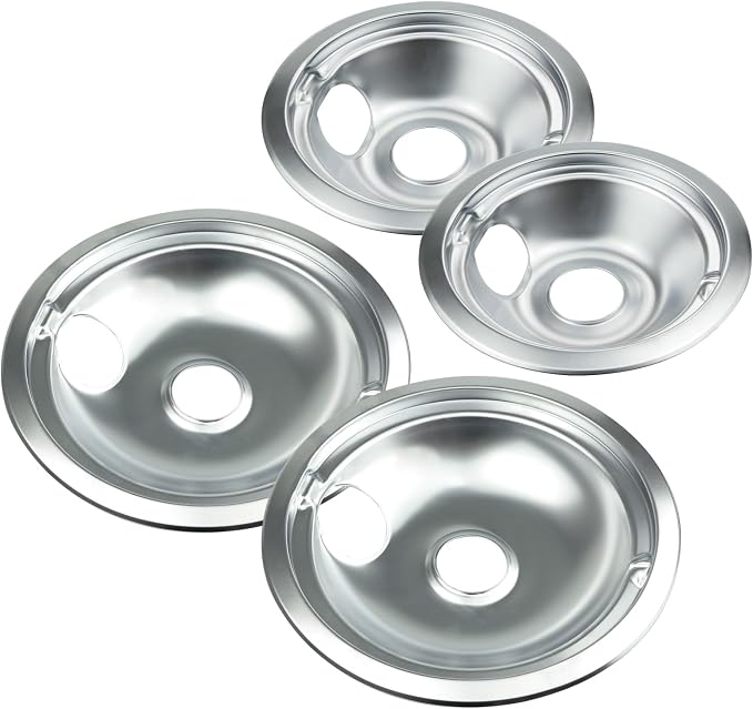 Electric Stove Drip Pans for GE Hotpoint Kenmore, Chrome 4-Pack | Includes 2×6" and 2×8" chrome drip pans to replace worn burner bowls on compatible GE, Hotpoint, and Kenmore ranges