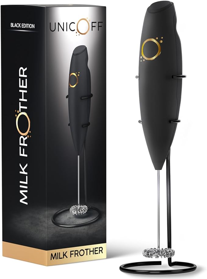 Milk Frother Handheld with Stand, Coffee Mixer, Matte Black Onyx | Battery 19000 RPM whisk, stainless steel stand & recipe book, lattes cappuccino matcha, foam maker, portable coffee accessory