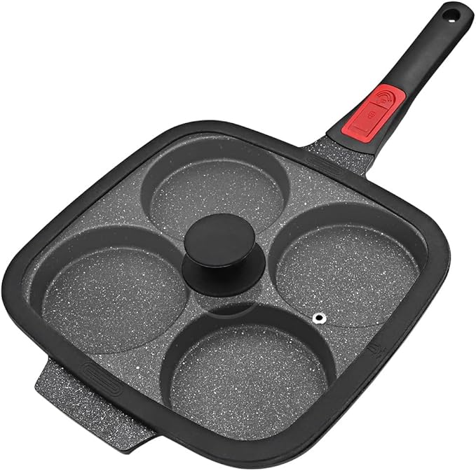 RANX INGST 10 inch Large Egg Pan with Lid, Nonstick 4-Cup Pancake Pan,Black | Omelette Skillet with Detachable Handle Induction Compatible