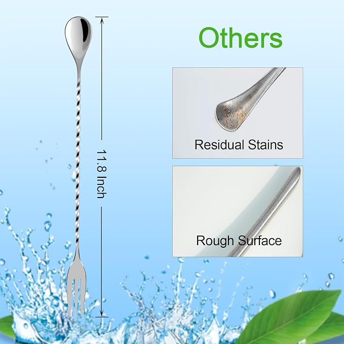 Bar Spoon Cocktail Mixing Stirrers,2Pcs,12” with Trident Fork,Silver | 18/8 Stainless Steel, Double Ended Design, Long Drink Spoons, Trident Fork, for Stirring Coffee & Cocktails