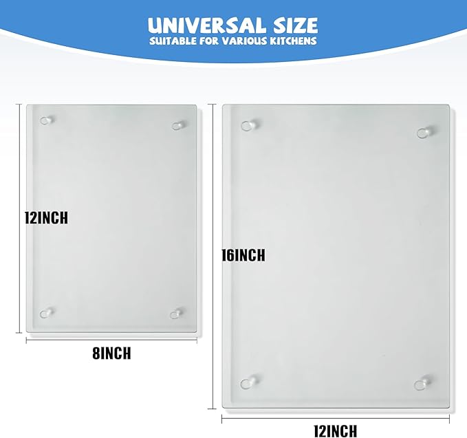 Mymonfif Tempered Glass Cutting Board for Kitchen, Clear Glass Board for Countertop, Heat Resistant, with Non-Slip Feet, 12x16" & 12x8" 2 Pcs Clear