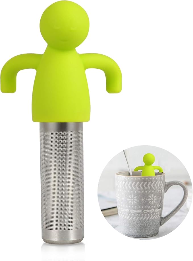 Stainless Steel Tea Infuser Steeper for Loose Tea Extra Fine Mesh Green | Stainless Steel Fun Person-shaped Design Tea Strainer Filter with Silicone Handle for Loose Tea Ball for Cup Mug