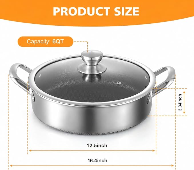 Toutrop 6 QT Hybrid Nonstick Saute Pan with Lid,Tri-Ply Stainless Steel 12.5Inch Frying Pan Cookware,Induction Skillet,Dishwasher & Oven Safe