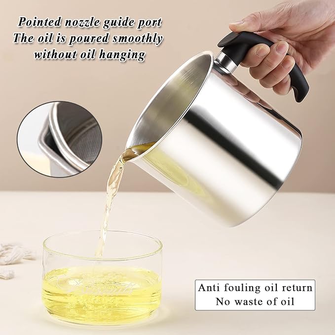 Kyraton Bacon Grease Container With Strainer, 48 oz Stainless Steel Oil Container, Pot Fat Storage With Lid, Easy Grip Handle Suitable For Storing Frying Oil And Cooking Grease 1. Silver