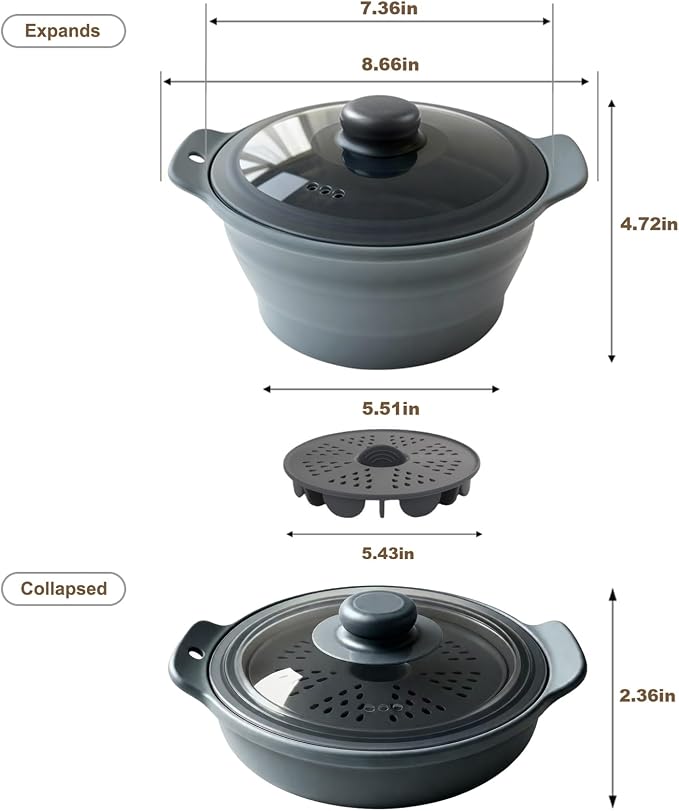 42oz Silicone Microwave Food Steamer with Steam Basket, Collapsible Steamer for Cooking Vegetable, Seafood, Dumplings, Rice Cooker, BPA Free Small Steam Pot with Handle & Lid, Dishwasher Safe (Grey)
