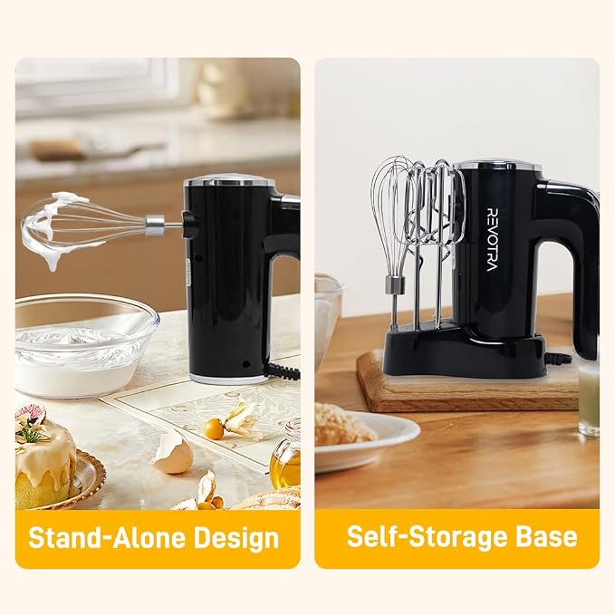 Electric Hand Mixer, Handheld Mixer with LCD Display and Storage Base | 5 Speeds & Turbo, One-Button Eject, 2 Beaters, 2 Dough Hooks, 1 Whisks, Kitchen Blender for Eggs, Cream, Dough, Baking