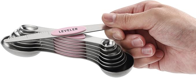 Spring Chef Stainless Steel 8 Magnetic Measuring Spoons Set, Pink Lemonade | Dual Sided Metal Teaspoon & Tablespoon Measuring Spoons with Leveler for Dry & Liquid Ingredients, Fits in Kitchen Spice Jars