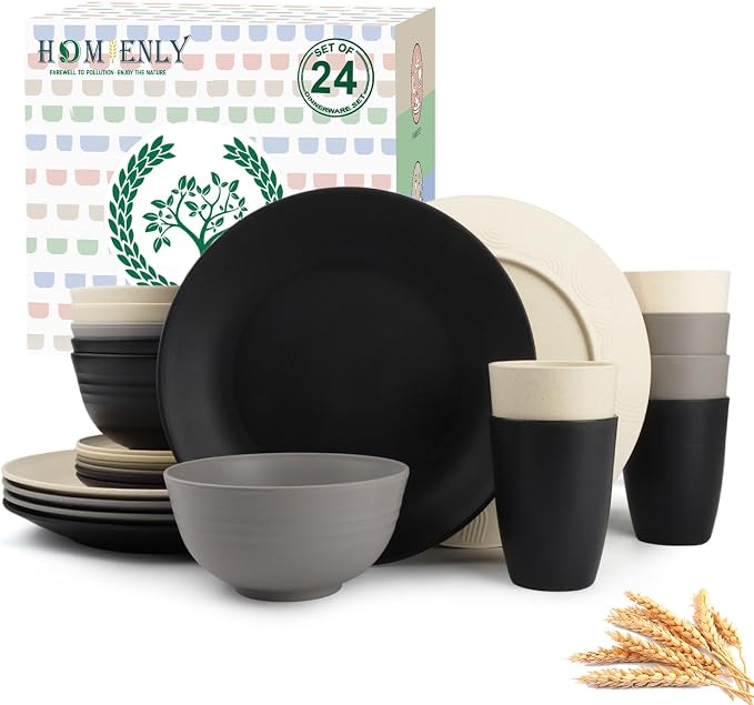 Wheat Straw Plates and Bowls Set, Lightweight & Unbreakable Dinnerware Set for Kitchen, Parties, Holidays, Microwave and Dishwasher Safe Dish Set - Plate Sets, Bowls, Cups, 24pcs (Grey Stone)