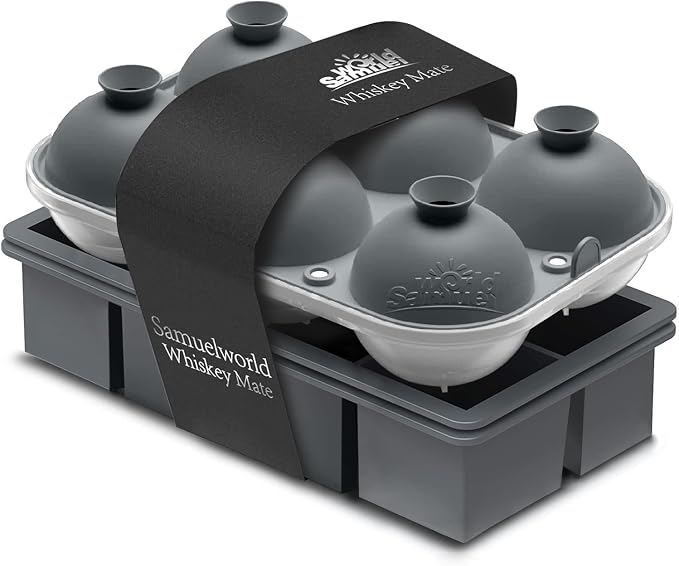 Samuelworld Premium Ice Tray Combo (16 Ice Cubes/6 Ice Ball), Large Ice Sphere Maker & New Upgraded Ice Cube Trays, Food Grade, Spill-Free Integrated Funnels, Whiskey Bourbon Cocktails, Grey