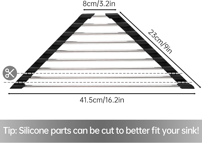 Tomorotec Triangle Roll Up Dish Drying Rack 304 Stainless Steel Black | BPA-Free Food-Grade Silicone Edges Foldable Waterproof Rustproof Heavy-Duty Space Saver Heat Resistant to 550°F