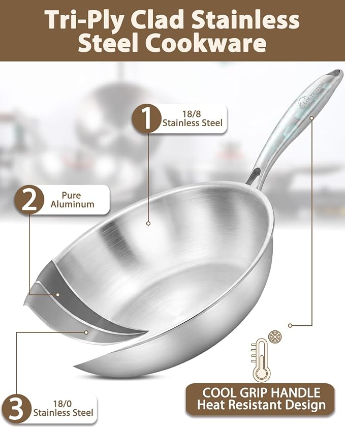 12.5-Inch Tri-Ply Stainless Steel Wok Pan with Lid | Detachable handle | Stir-Frying Pan | Induction Wok | Dishwasher and Oven Safe | Heavy-Duty | Flat-Bottom
