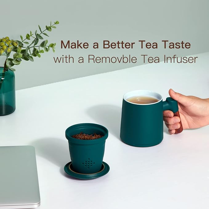 ZENS Tea Cup with Infuser and Lid for Loose Leaf Tea Steeper, 12oz Green | Embossed Ceramic Tea Infuser Mug with Fine Strainer for Herbal Tea Lovers Gifts, Vintage Wood Handle
