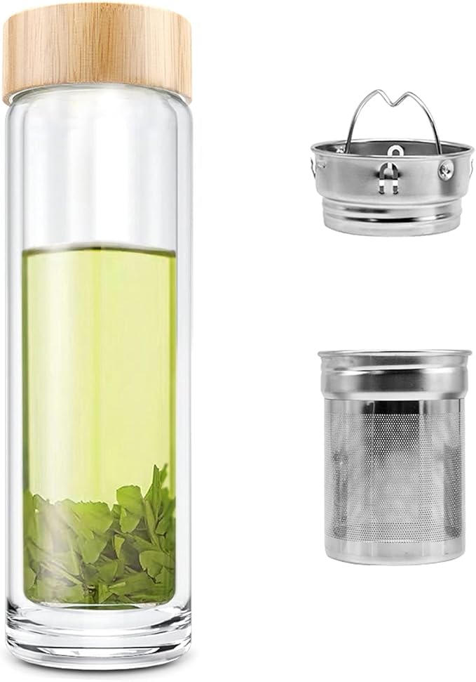 Tea Bottle, 14 oz, Borosilicate Glass, Double Wall, Infuser & Strainer, Bamboo Lid, 400ml