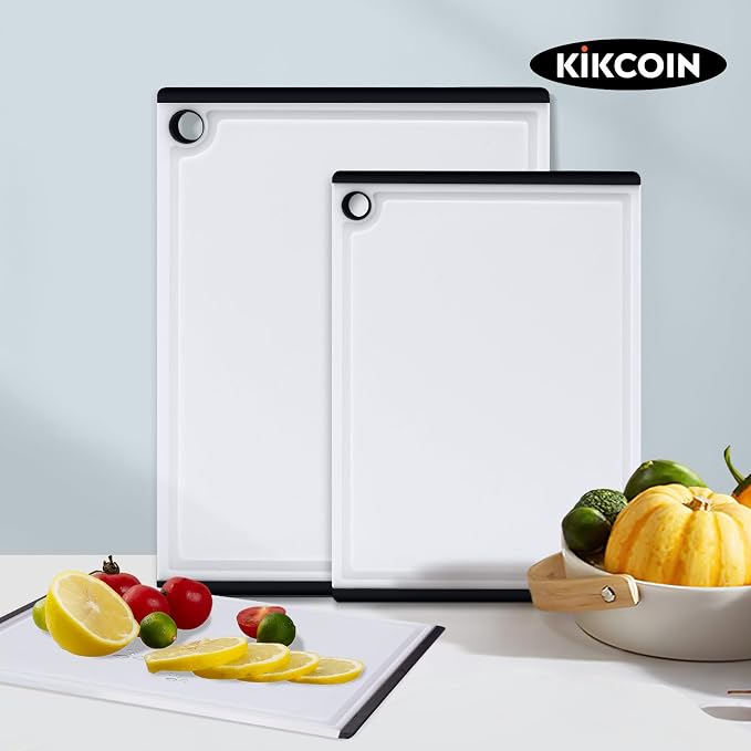 Kikcoin Plastic Cutting Boards for Kitchen, 3-Piece Large Cutting Board Set Dishwasher Safe Chopping Boards with Non-slip Feet and Juice Grooves, White