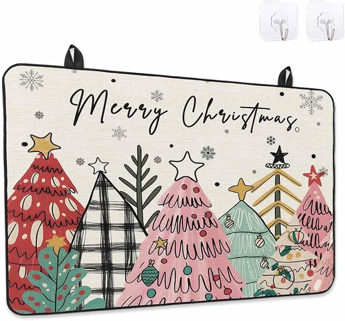 Stove Top Covers for Electric Stove 24x21 Inches, Pink Christmas Tree HeatResistant Glass Cooktop Protector, Vintage Beige Xmas Snowflake Doodle Ceramic Stovetop Countertop Covers Mat, Oven Cover