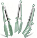 9" Kitchen Tongs for cooking with Silicone Tips, 3Pcs Serving Tongs, Green | Small Silicone Tongs mit kickstand, Food Grade, 3 different type of tongs, Stainless Steel