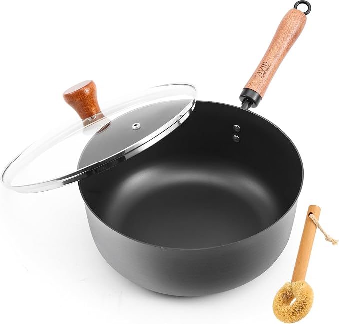 4 Qt Nitrided Carbon Steel Deep Wok with Lid, Flat Bottom | Deep 4 Qt nitrided steel for braising, soups, noodles and one-pot meals; wooden handle; gas, electric and induction ready.