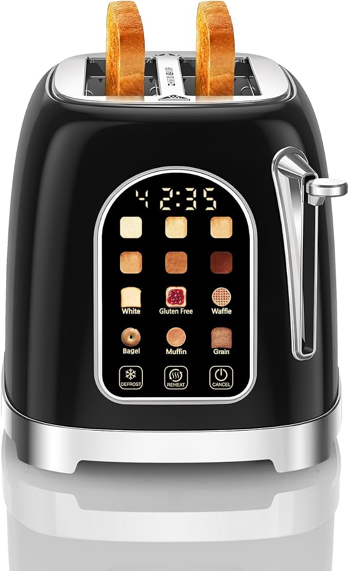 RONGBEST Retro 2 Slice Toaster with Stainless Steel Wide Slot Touch Screen for Family Breakfast, 6 Browning Levels, Reheat & Defrost Bagel and Bread, Removable Crumb Tray, Jet Black