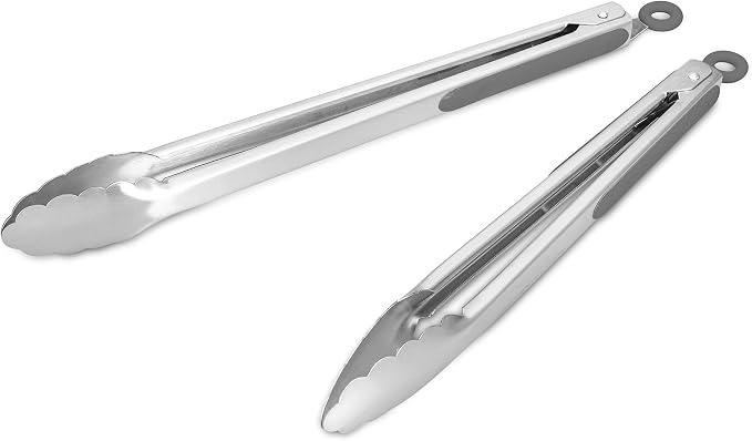 304 Stainless Steel Kitchen Cooking Tongs, 12 & 14 Inch, Set of 2, Grey | Locking Food Tongs with Non-slip Grips and Hanging Loops for Cooking, Grilling, BBQ and Serving, Dishwasher Safe