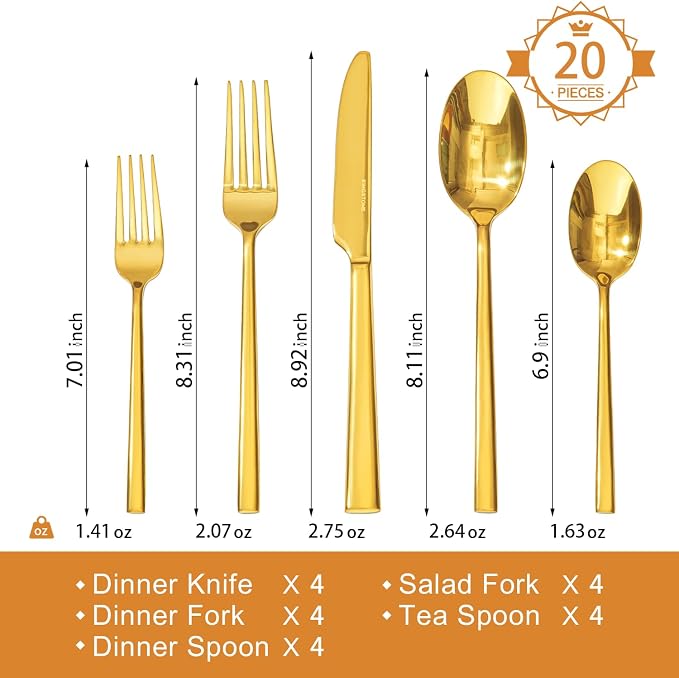 Gold Silverware Set, 20-Piece Forged Flatware Set Cutlery Set Premium Stainless Steel, Service for 4, for Kitchen, Home, Wedding, Party, Mirror Polished and Dishwasher Safe