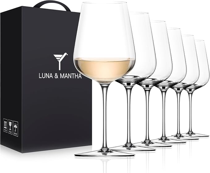 White Wine Glasses Set of 6, 14oz Crystal Hand Blown, Long Stem, Gift | Red Wine Glass, Stemmed, Modern, Father's Day, Wedding, Anniversary, Birthday, Daily