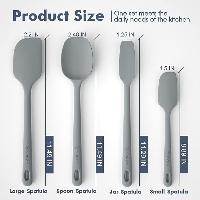 ChefAide 4 Pieces Silicone Spatula Set, Food Grade Rubber Spatula, Upgrade Strong Handle with Ergonomic Grip, Heat Resistant for Nonstick Cookware, Cooking
