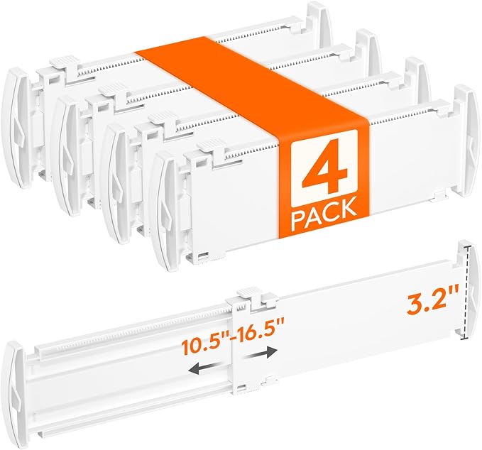 Lifewit 3.2" High Drawer Dividers for Clothes, Adjustable Drawer Organizers | 10.5"-16.5" Expandable Plastic Separator for Dresser, Kitchen, Cabinet, Closet, Nursery, Socks & Underwear Storage, 4 Pack