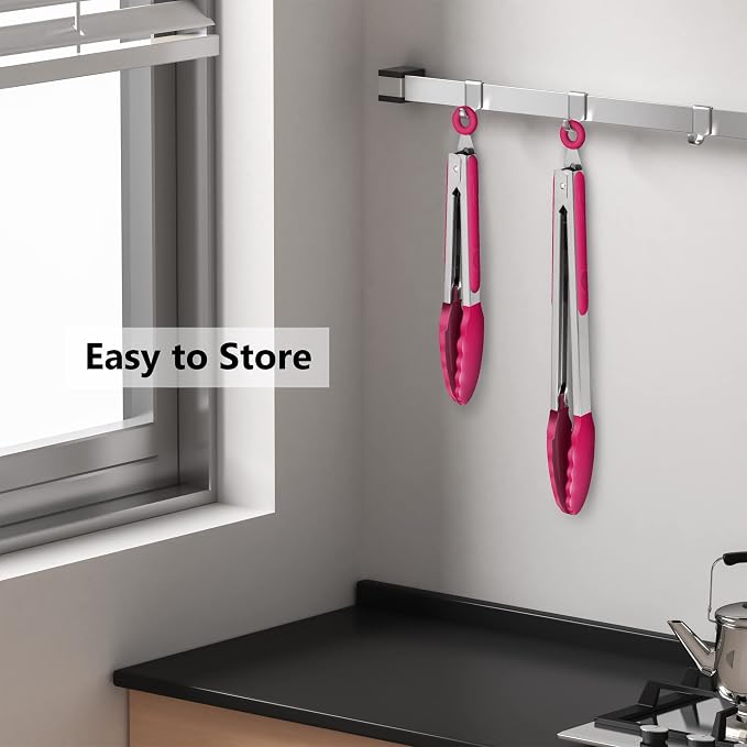2 Pack Silicone Kitchen Tongs – 9" & 12" Set, Heat Resistant up to 500°F, Non‑Stick Cookware Safe, Wavy Silicone Tips, BPA Free, Locking Clip & Hanging Loop, Wine Red