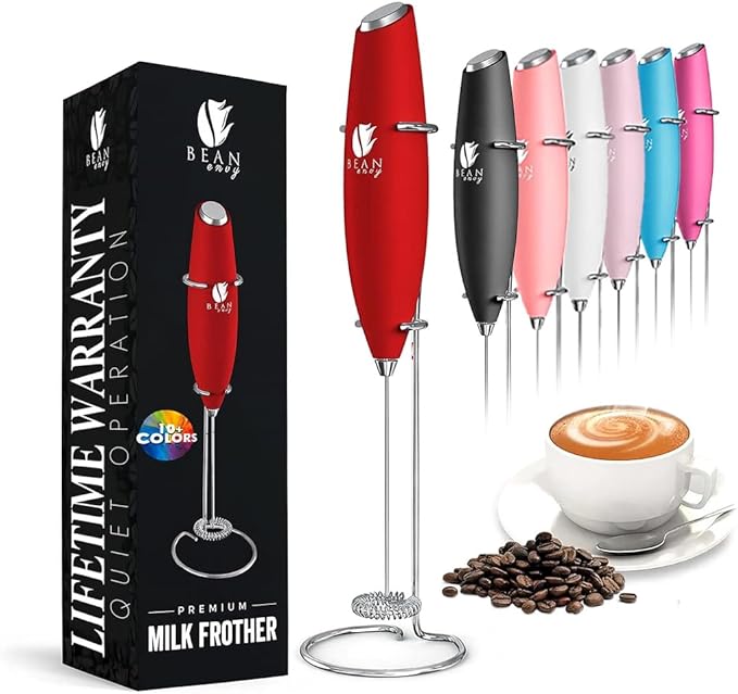 Bean Envy Milk Frother Handheld - Coffee Mixer Wand with Stand - Red | Battery Operated, Stainless Steel Whisk, 19000 RPM, Protein Powder Blender, Electric Stirrer, Mini Foamer