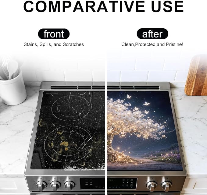 Tree of Life Stove Top Cover for Electric Stove, 28x20 In Mat | Heat-resistant non-slip mat holds hot cookware; glass cooktop protector, dish drying; magical floral butterfly kitchen decor