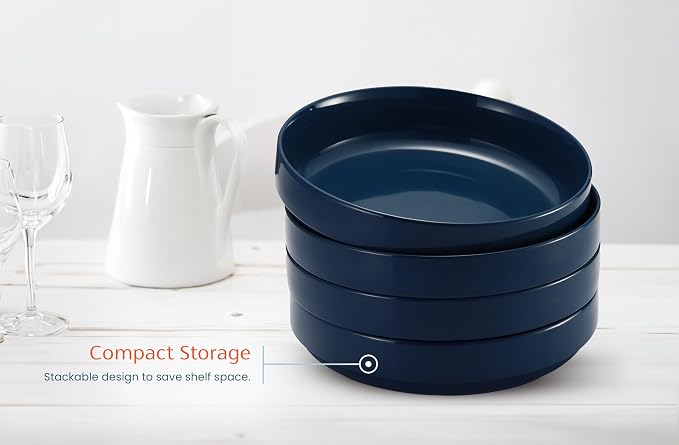 KooK Ceramic Large Pasta Bowls, Microwave and Dishwasher Safe, Great for Soups and Salads, Shallow Serving Bowls, Glossy Porcelain, 47 oz, Set of 4, Navy Blue