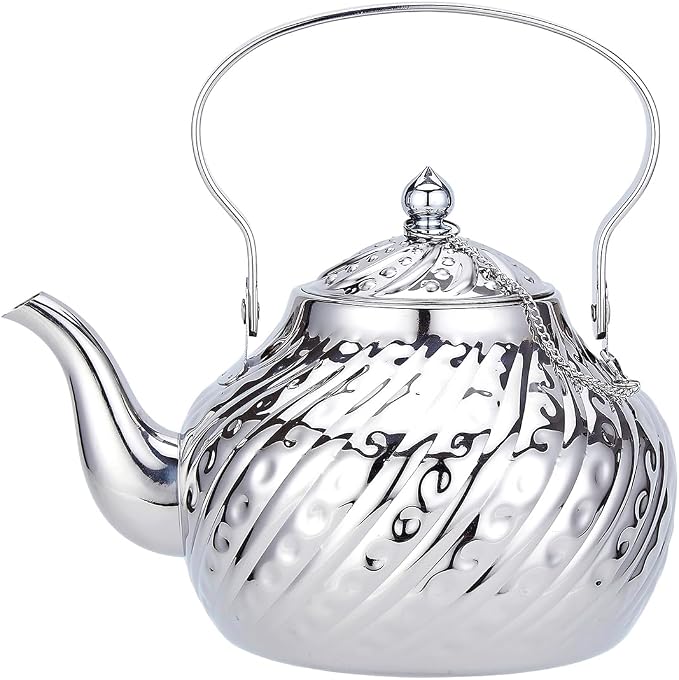 SANQIAHOME 2000ml stainless steel antique style teapot,with Infuser, thickened boiling kettle, lifting handle,Silver