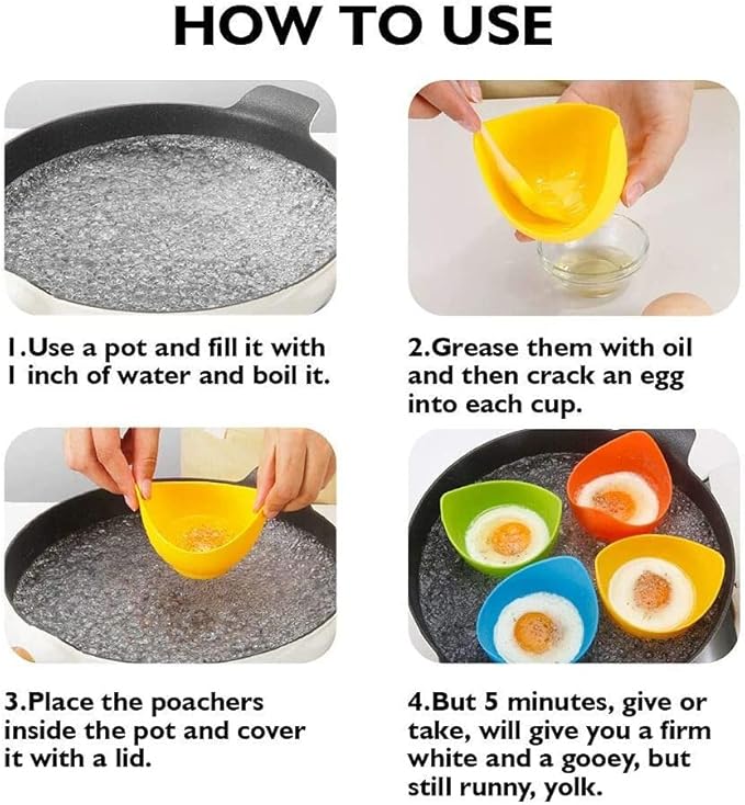 YomiFamily 4 Pack Silicone Egg Poacher Cups with Oil Brush, Gift Box | Nonstick Egg Poaching Cups, BPA Free, Ring Standers, Dishwasher Safe, for Stovetop, Microwave, Air Fryer, Baking oven