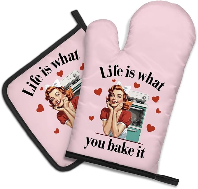DYJYBMY Life is What You Bake It Funny Oven Mitts and Pot Holder Set for Baking Cooking, Bake Lover Gifts, Vintage Lady Kitchen Gadgets for Women, Hostess Baking Gifts for Mom Sister BFF Chef Friend