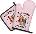 DYJYBMY Life is What You Bake It Funny Oven Mitts and Pot Holder Set for Baking Cooking, Bake Lover Gifts, Vintage Lady Kitchen Gadgets for Women, Hostess Baking Gifts for Mom Sister BFF Chef Friend