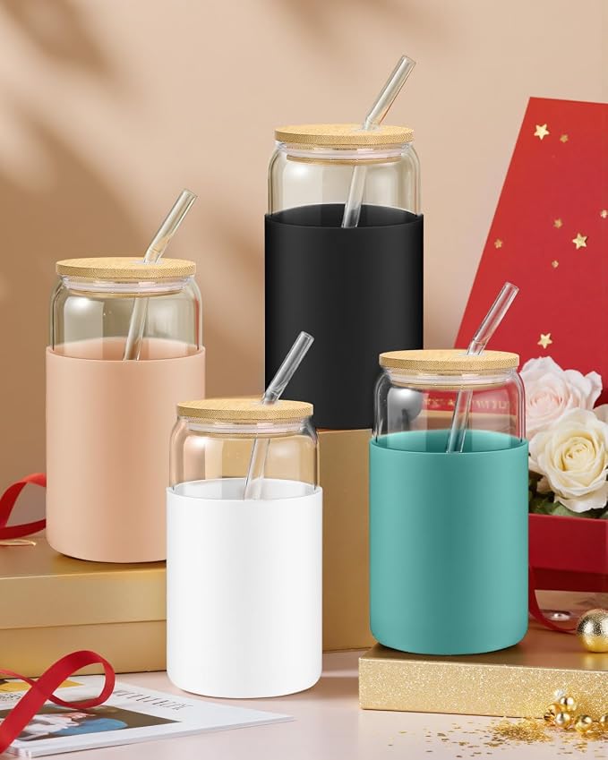 Glass Cups with Lids - 16 oz Glass Drinking Cups Set with Silicone Sleeves | Anti-Slip, Bamboo Lids, Iced Coffee Cup, Home Essential, Coffee Bar Accessories, Glass Tumbler, Reusable, Matcha Cup