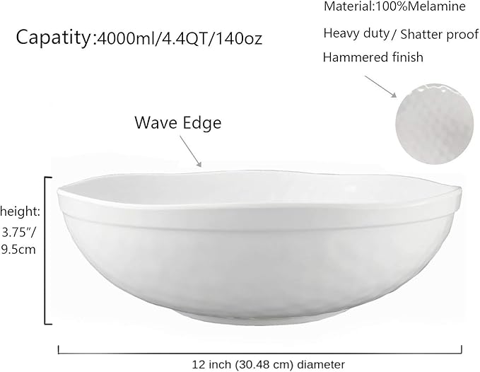 KX-WARE Melamine Serving Bowls -2pcs 12inch Larger Salad Bowls/Mixing Bowls,White Color| Break-resistant 100% Melamine Bowls | Dishwasher Safe,BPA Free