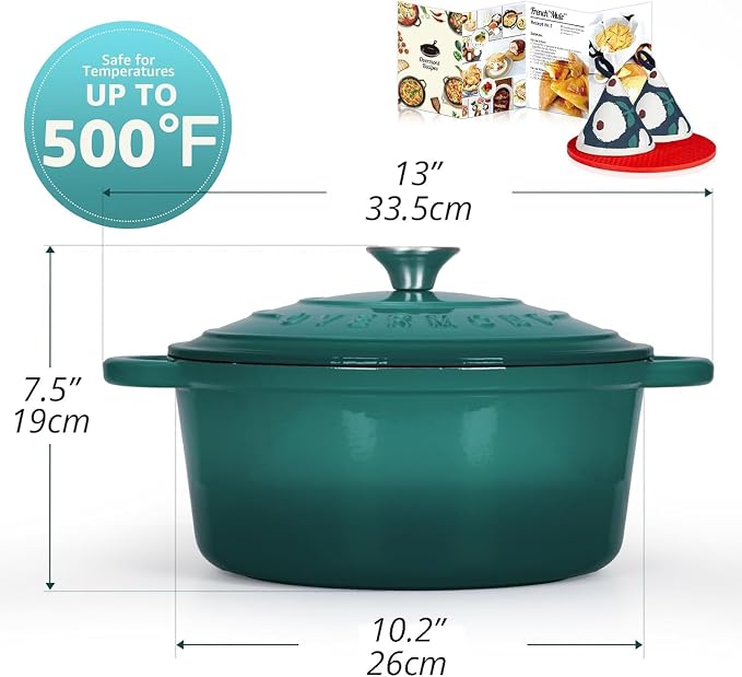 Overmont Enameled Cast Iron Dutch Oven - 5.5QT Pot with Lid Cookbook & Cotton Potholders - Heavy-Duty Cookware for Braising, Stews, Roasting, Sourdough Baking bottle green