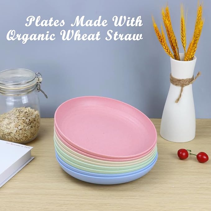 Unbreakable Deep Dinner Plates Wheat Straw Plates Sets Microwave and Dishwasher Safe Plastic Plates for Kitchen, Camping, Picnic, 8 PCS Lightweight Plate for Dessert (Fresh Light, 10 inch)