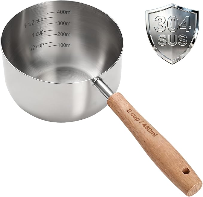 1PCS 2Cup(480ml) Dog Cat Food Scoop, Measuring Cup for Pets & Kitchen | 18/8(304) Stainless Steel, Long Wood Handle, Precise for Portion Control, Etched Scale, BPA Free, Dishwasher Safe