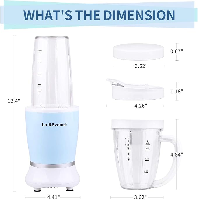 La Reveuse Personal Smoothie Blender, 7 Pieces Set, 250W, Sky Blue | for Shakes Smoothies Dips Sauces, BPA-free, Push to Blend, (1) 15oz Cup, (1) 10oz Mug, Dishwasher Safe, Compact, LARB1825