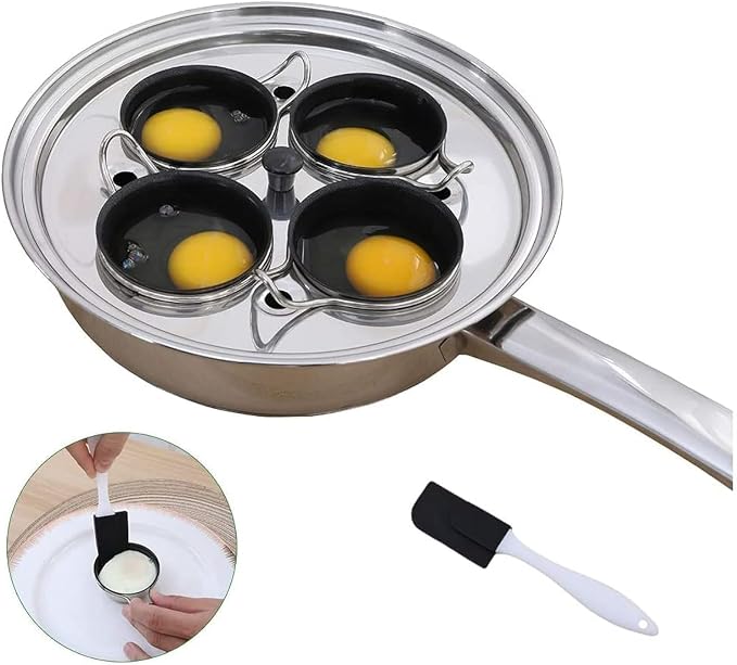 4 Cups Egg Poacher Pan - Stainless Steel Poached Egg Cooker – Induction Cooktop Egg Poachers Cookware Set with 4 Nonstick Large PFOA FREE Egg Poacher Cups and Silicone Spatula