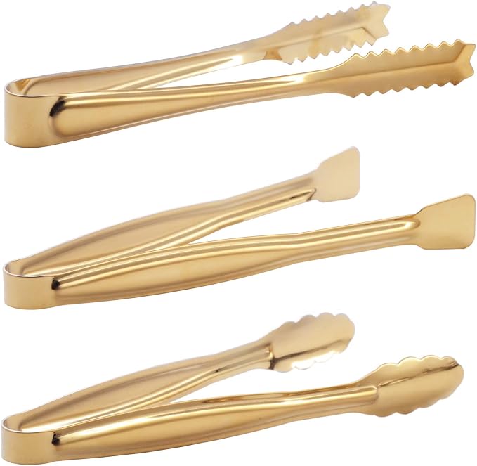 HINMAY Gold Plated Mini Serving Tongs Set 6-Inch Appetizers Tongs, Set of 6 | Stainless Steel Small Sugar Cube Tongs Ice Tongs