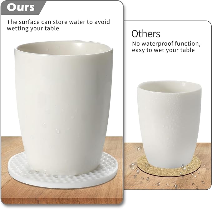 TWTLi Silicone Coasters Set of 8 with Holder — Non-Slip Drink Coasters for Coffee Table, Home Bar & Kitchen, Protects Wood & Marble Surfaces from Water Rings, Dishwasher Safe (White)