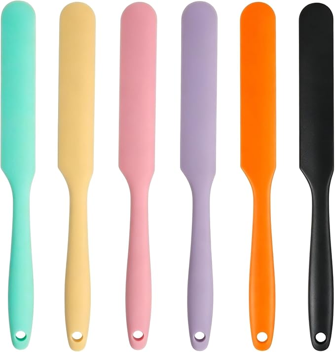 6 Pcs Silicone Jar Spatula Set, Sourdough Spatula, Long Handle Thin Spatulas for Baking, Cake Icing, Butter Cream Spreading, Jam Scraping (Purple, Pink, Green, Yellow, Orange, Black)
