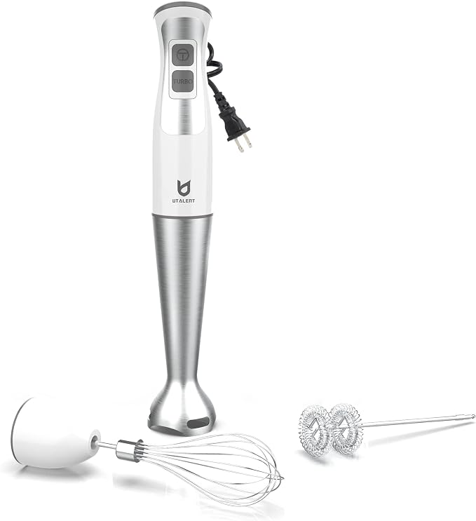 UTALENT 3-in-1 Immersion Hand Blender - Puree Baby Food, Sauces and Soups | 8-speed stick blender, Pure Copper Winding Motor, 5.2 feet power cord, 4-point Ice crush SS blade, Egg whisk, Milk frother