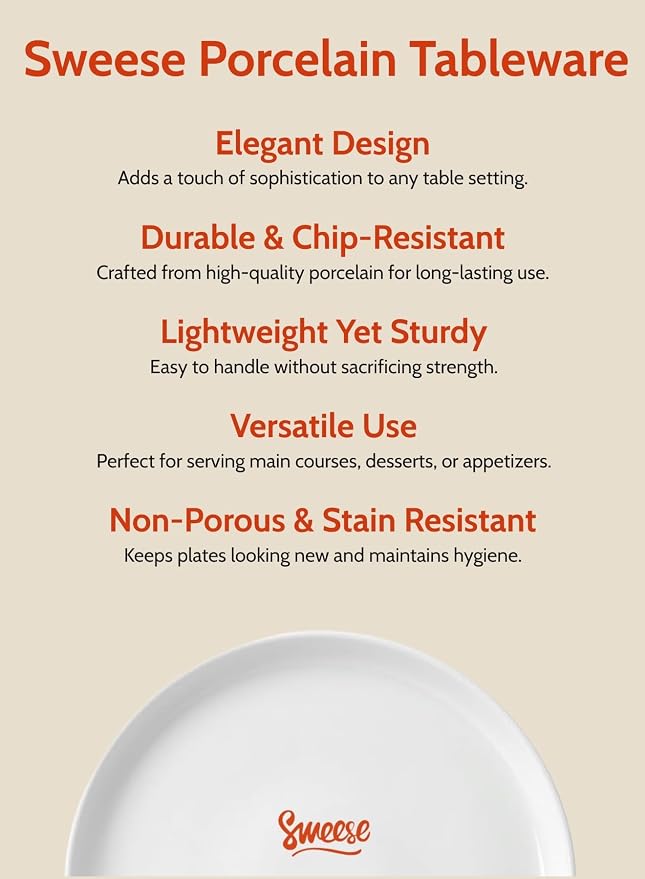 Sweese 7.4 Inch Porcelain Dessert Plates, Set of 6 - Stackable, Microwave Oven Safe - White
